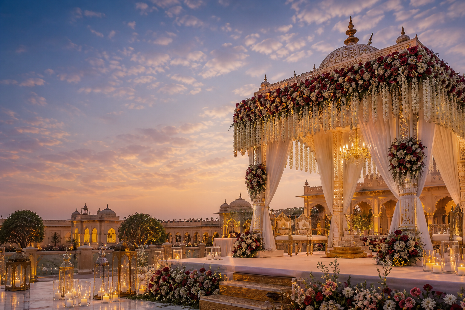 Palace courtyard wedding mandap at dusk