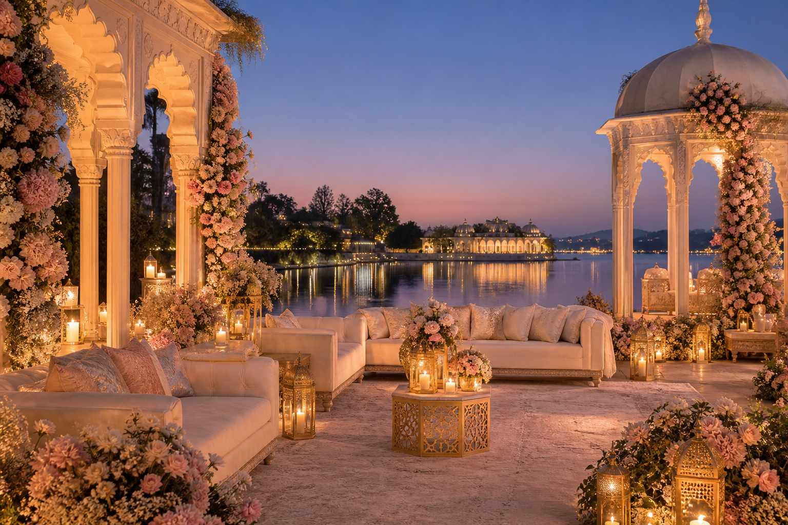 Twilight lakeside wedding lounge