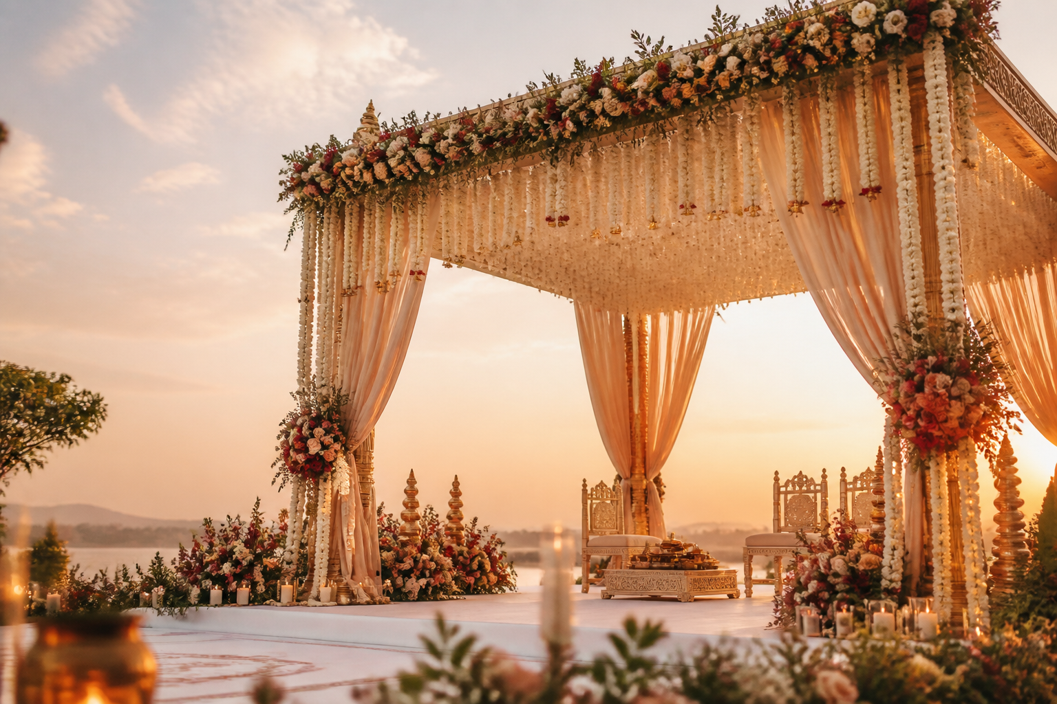Lakeside Indian wedding mandap at golden hour